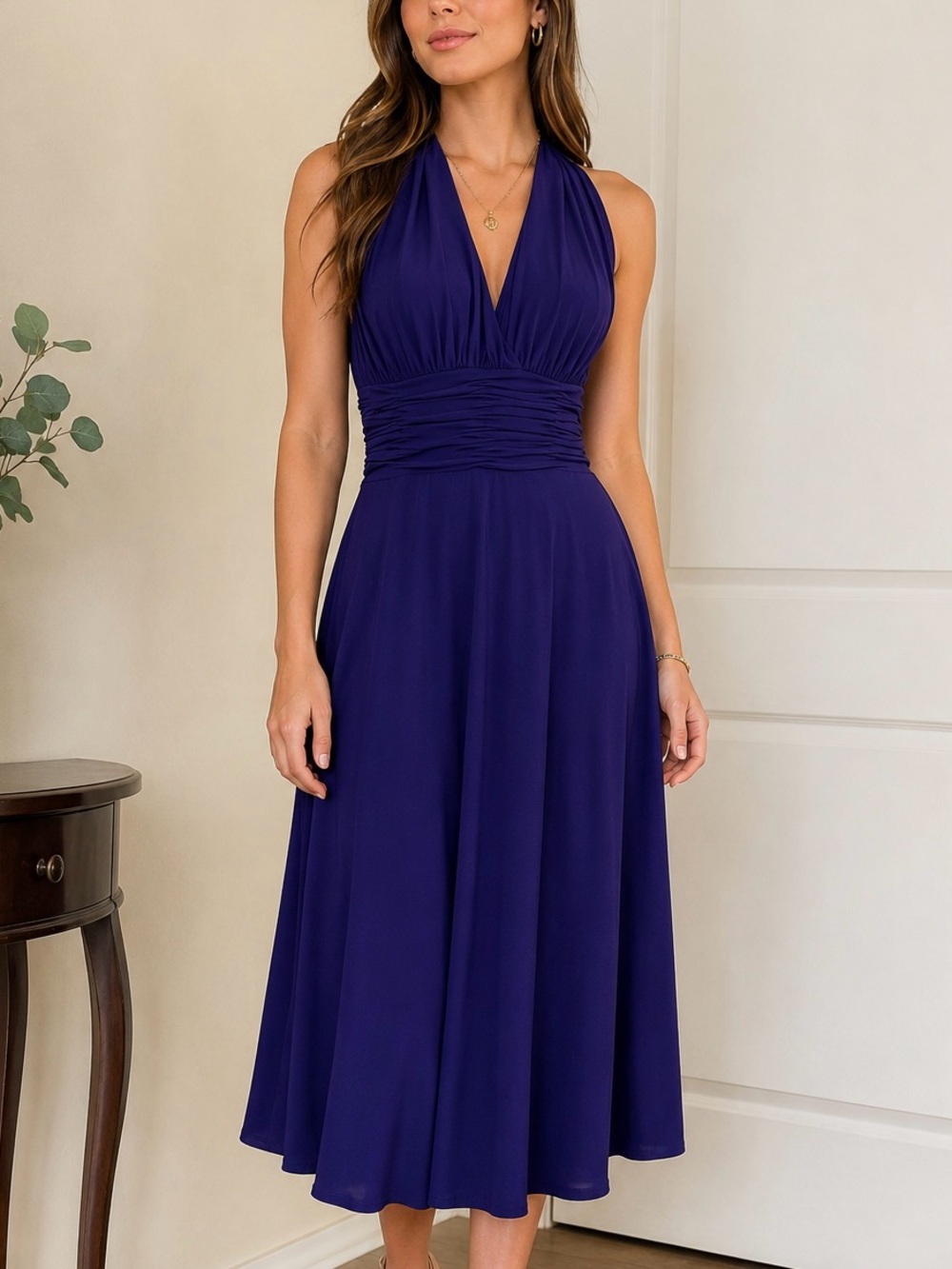 NWT Jones Wear Halter V-Neck Midi Dress in Deep Purple Size 8
